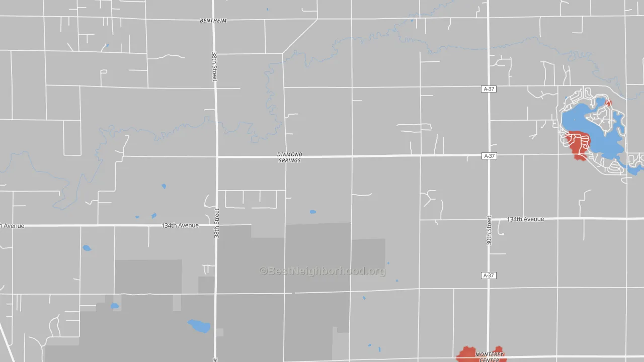 Walk Grade map of Diamond Springs, MI, walkable areas in green and car-dependent areas in red
