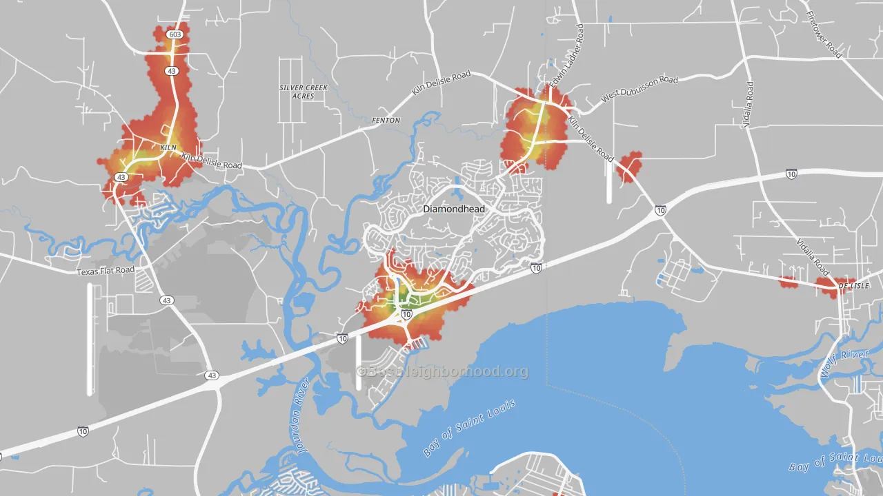 Walk Grade map of Diamondhead, MS, walkable areas in green and car-dependent areas in red