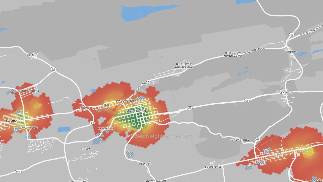 Walk Grade map of Diamondtown, PA, walkable areas in green and car-dependent areas in red