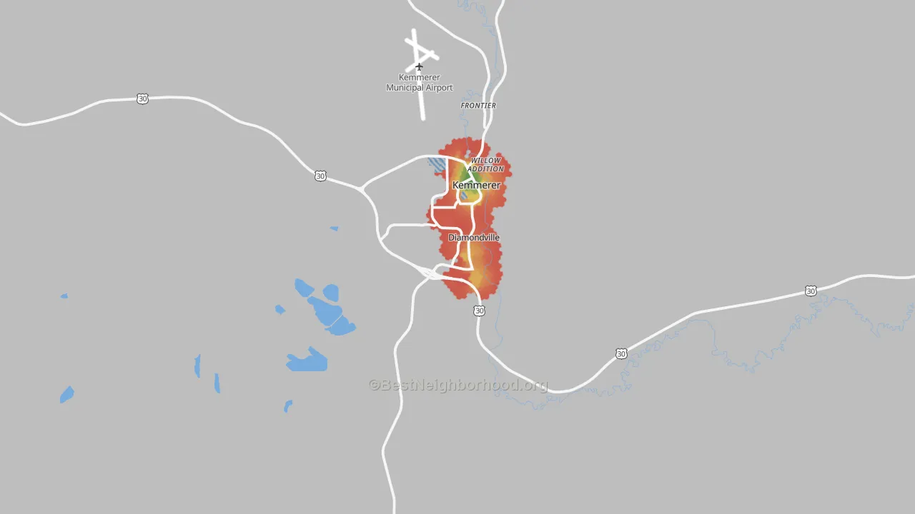 Walk Grade map of Diamondville, WY, walkable areas in green and car-dependent areas in red