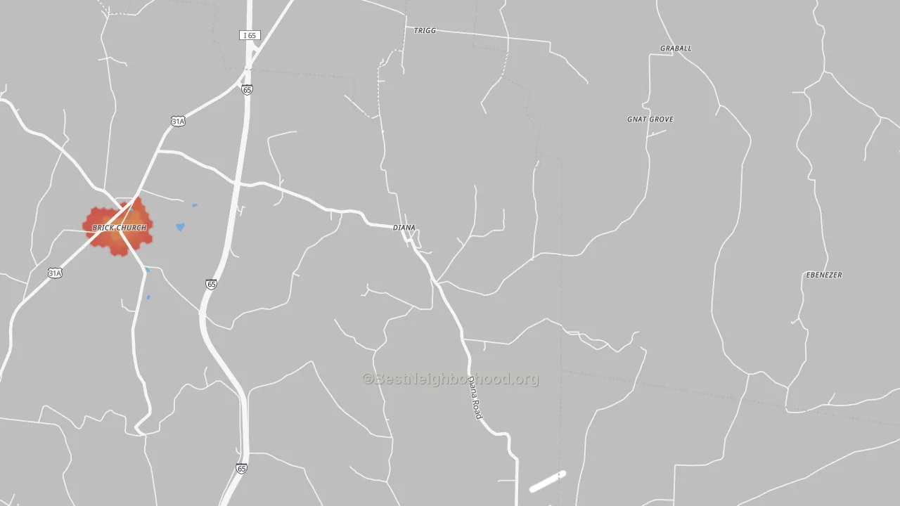 Walk Grade map of Diana, TN, walkable areas in green and car-dependent areas in red