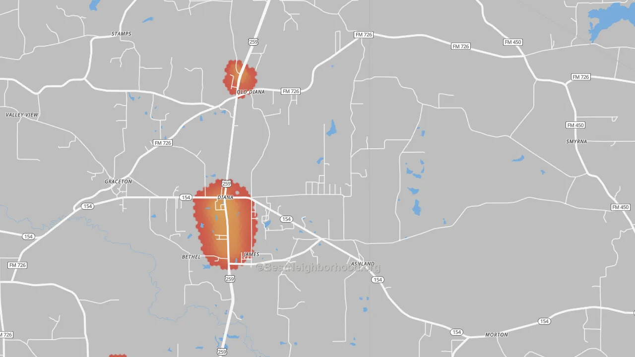 Walk Grade map of Diana, TX, walkable areas in green and car-dependent areas in red