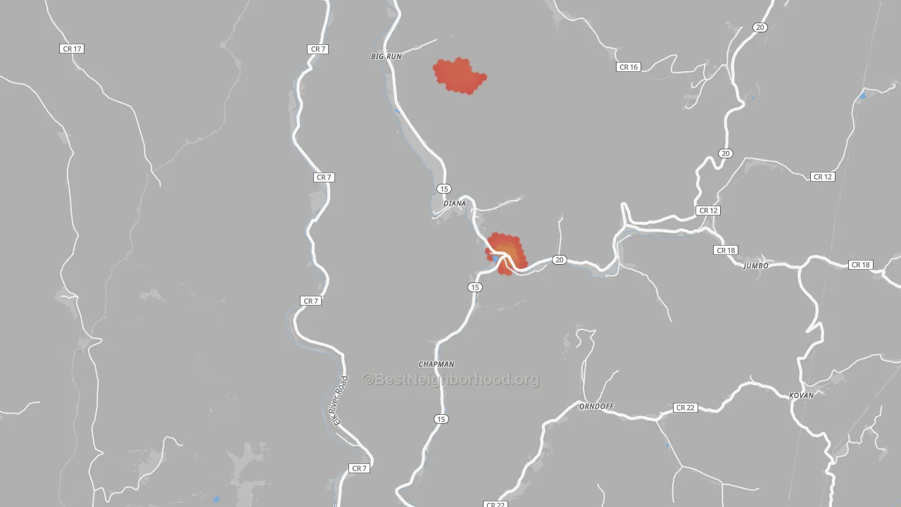Walk Grade map of Diana, WV, walkable areas in green and car-dependent areas in red
