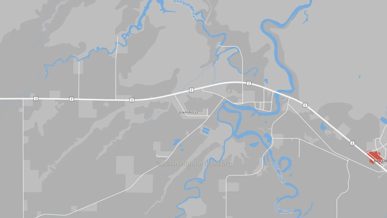 Walk Grade map of Diaperville, WI, walkable areas in green and car-dependent areas in red