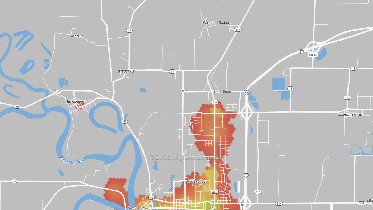 Walk Grade map of Diaz, AR, walkable areas in green and car-dependent areas in red