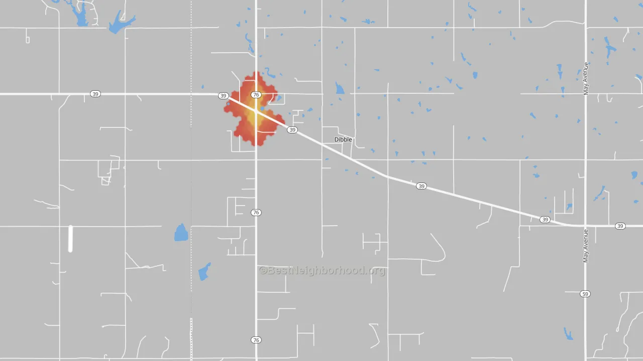 Walk Grade map of Dibble, OK, walkable areas in green and car-dependent areas in red