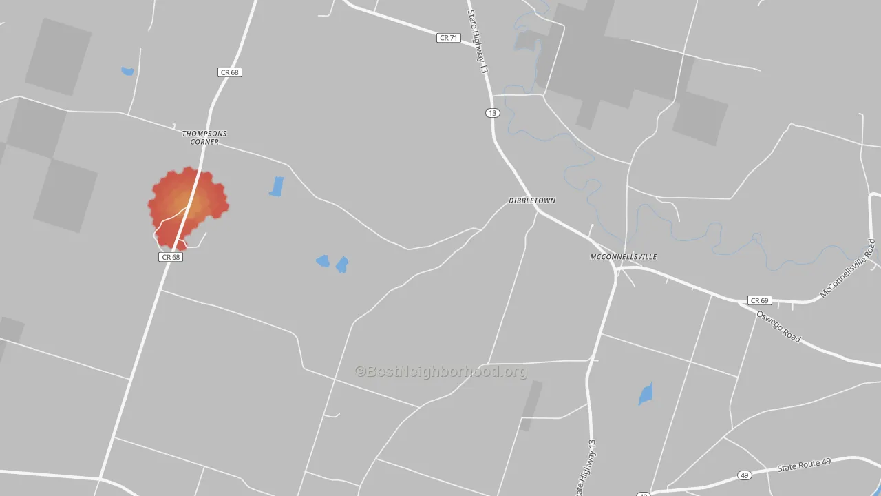 Walk Grade map of Dibbletown, NY, walkable areas in green and car-dependent areas in red