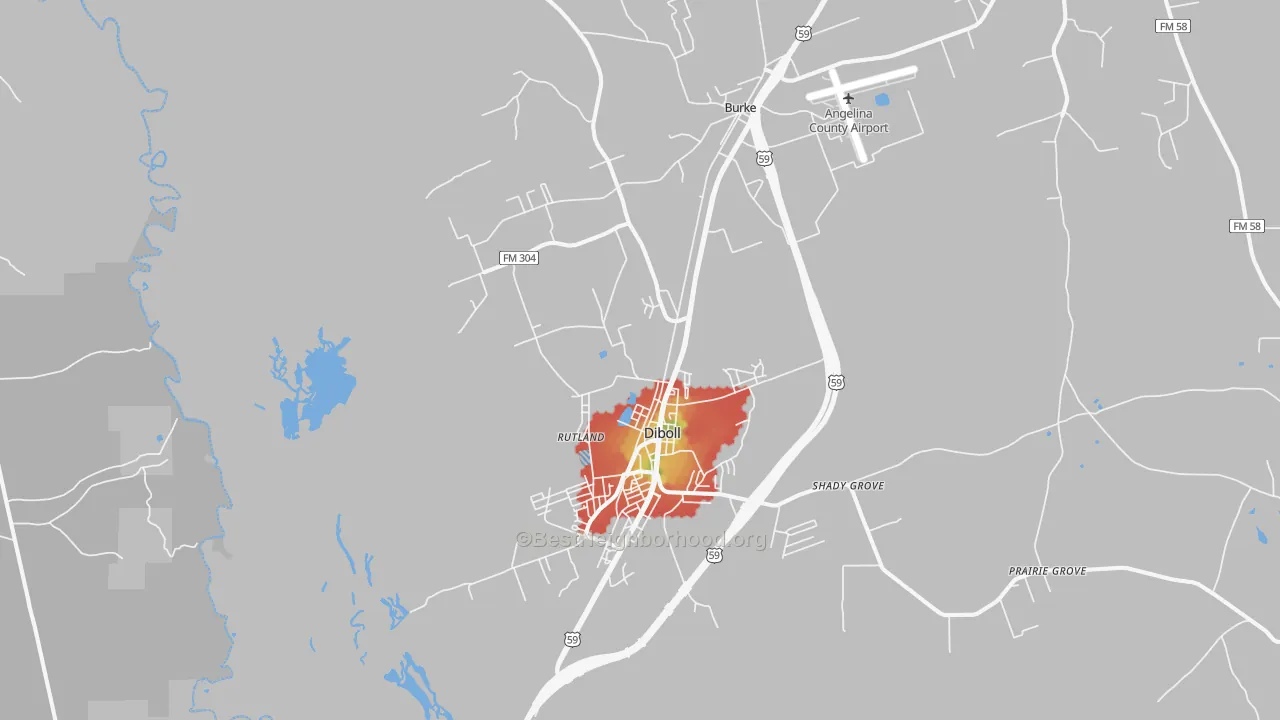 Walk Grade map of Diboll, TX, walkable areas in green and car-dependent areas in red