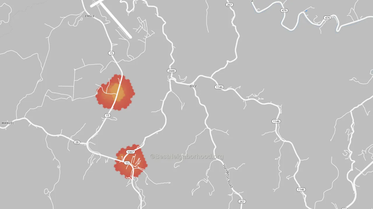 Walk Grade map of Dice, KY, walkable areas in green and car-dependent areas in red