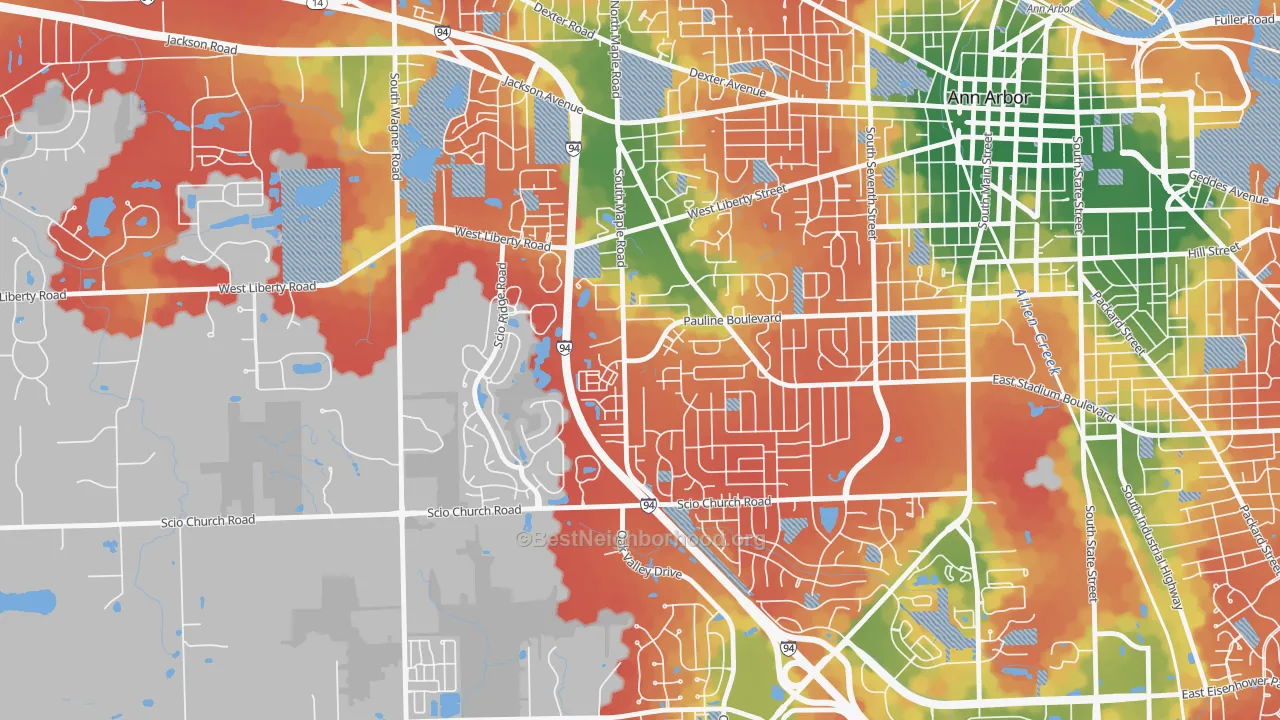 Walk Grade map of Dicken, Ann Arbor, MI, walkable areas in green and car-dependent areas in red