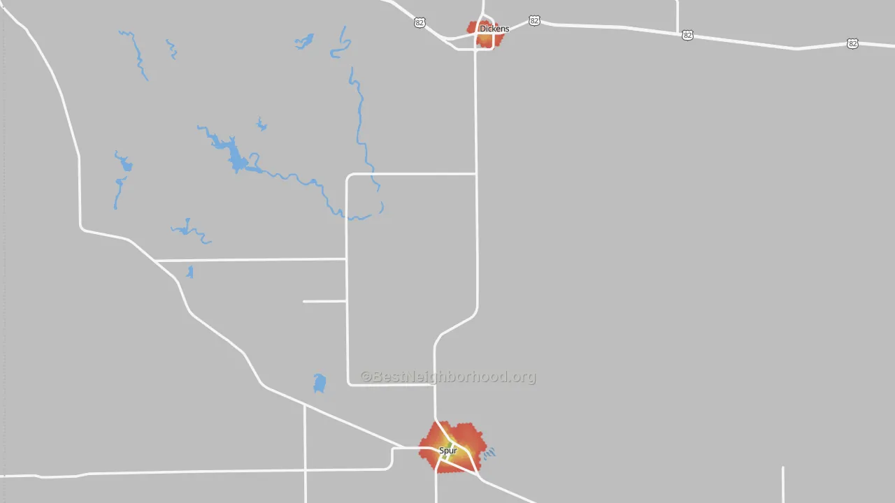 Walk Grade map of Dickens County, TX, walkable areas in green and car-dependent areas in red