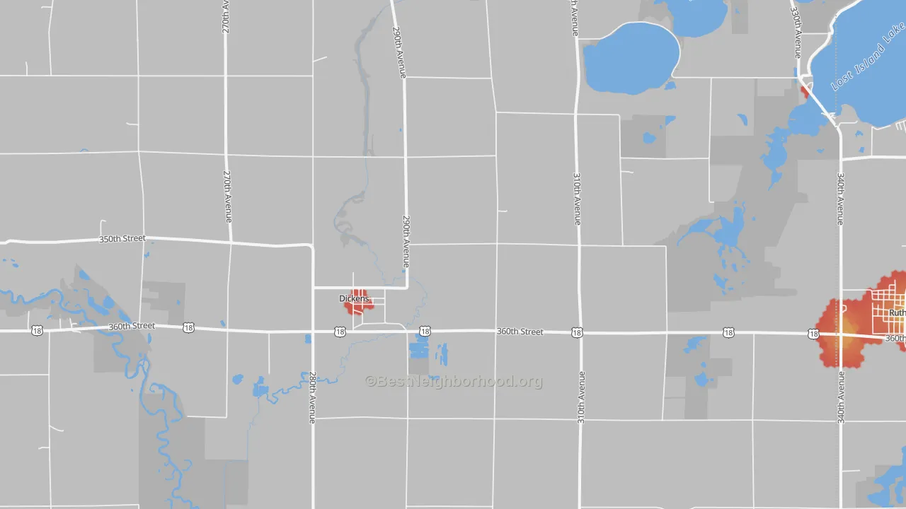 Walk Grade map of Dickens, IA, walkable areas in green and car-dependent areas in red