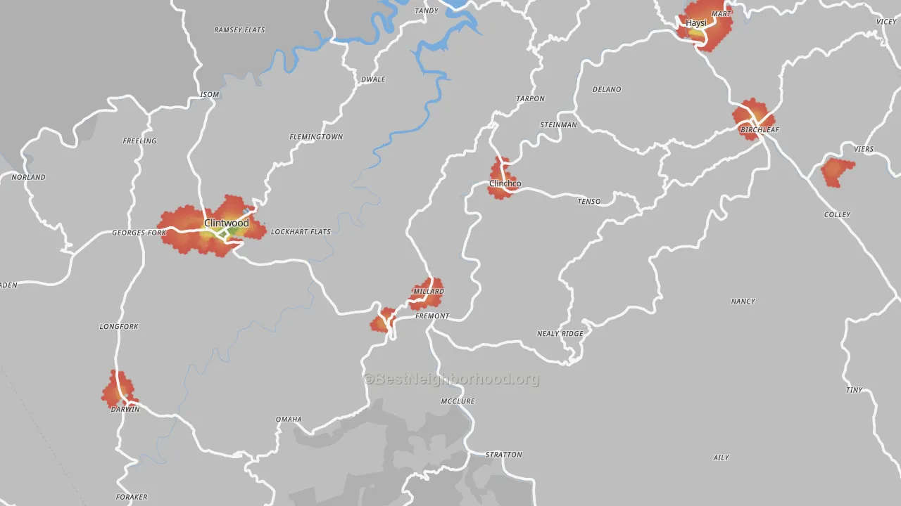 Walk Grade map of Dickenson County, VA, walkable areas in green and car-dependent areas in red