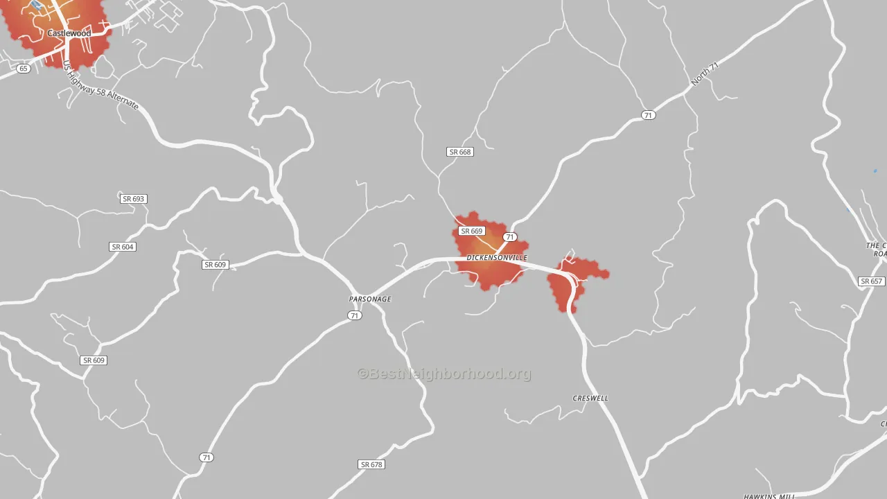 Walk Grade map of Dickensonville, VA, walkable areas in green and car-dependent areas in red