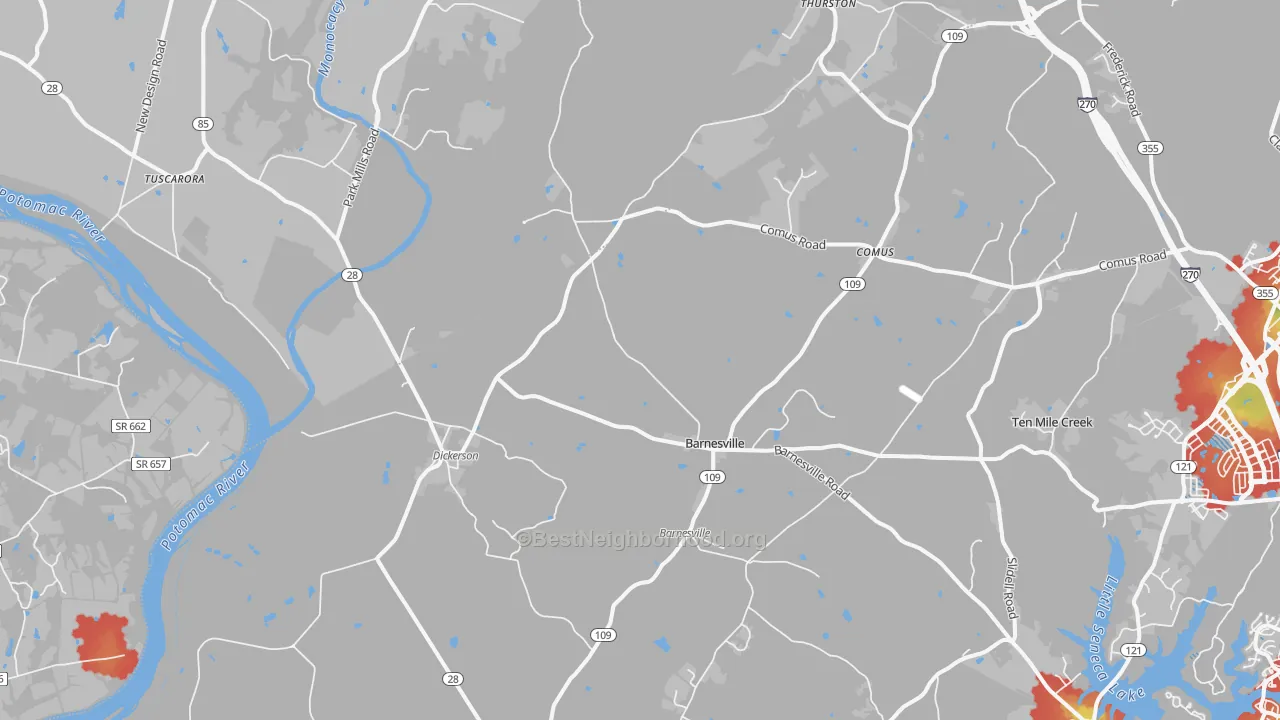Walk Grade map of Dickerson, MD, walkable areas in green and car-dependent areas in red