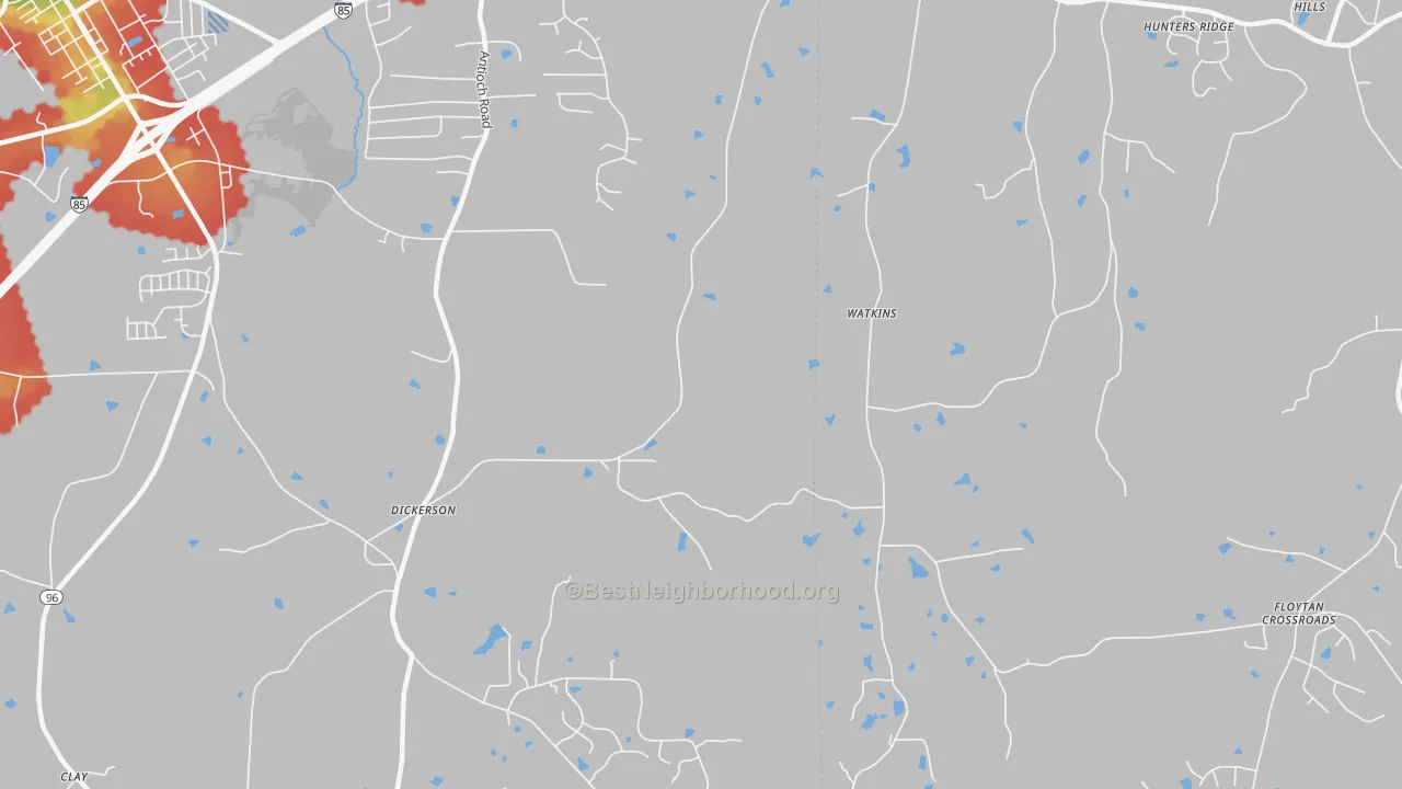 Walk Grade map of Dickerson, NC, walkable areas in green and car-dependent areas in red