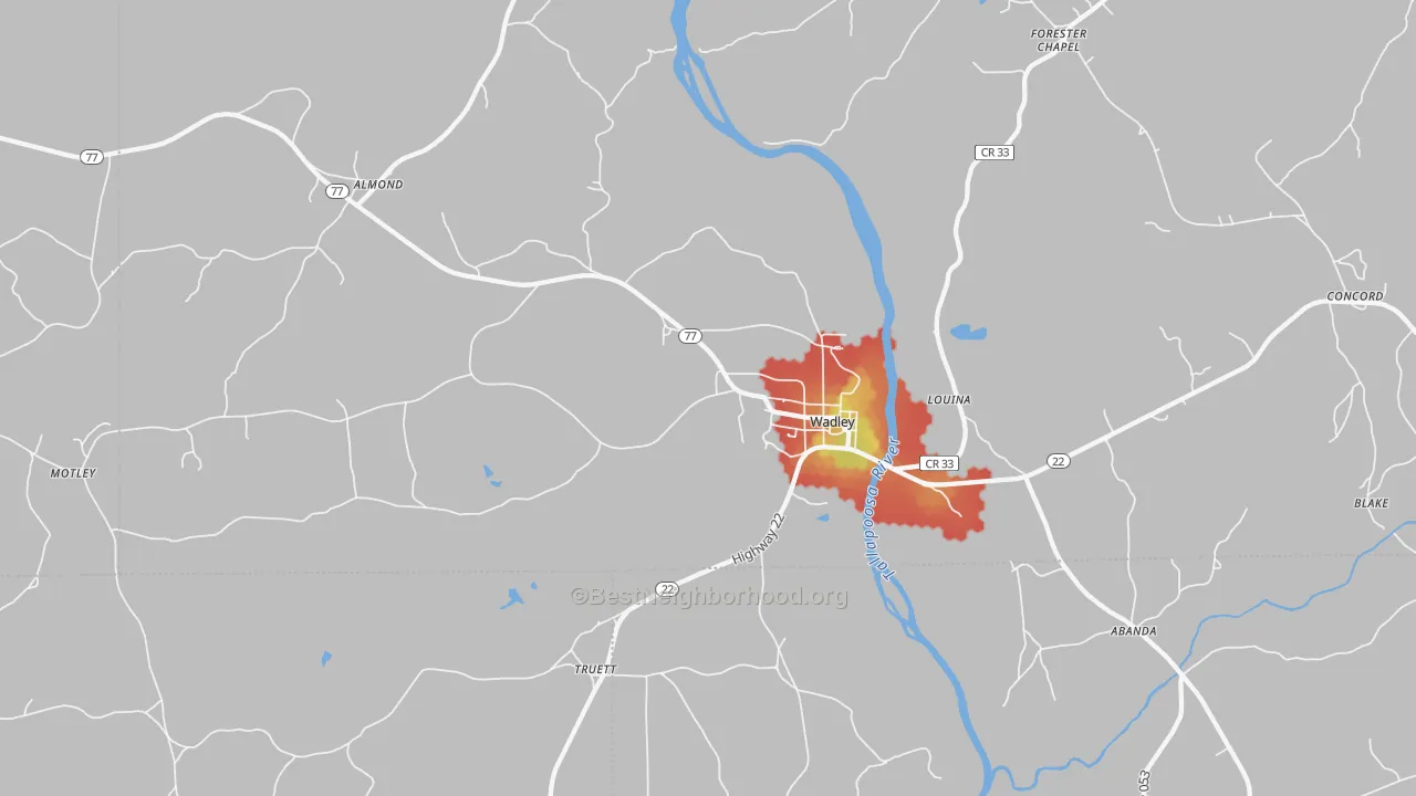 Walk Grade map of Dickert, AL, walkable areas in green and car-dependent areas in red