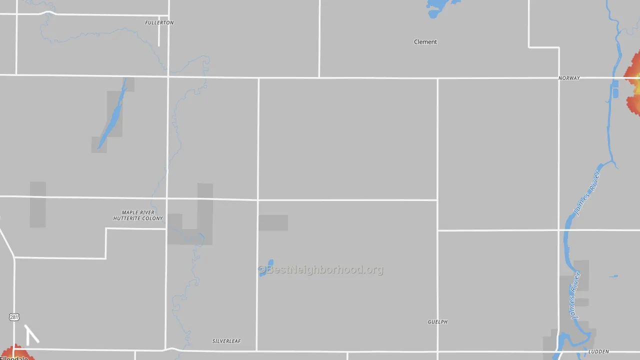 Walk Grade map of Dickey County, ND, walkable areas in green and car-dependent areas in red