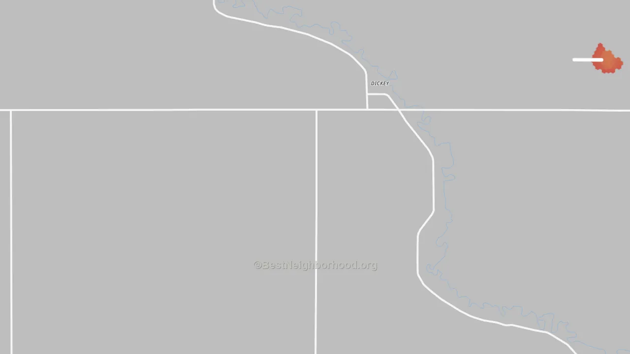 Walk Grade map of Dickey, ND, walkable areas in green and car-dependent areas in red