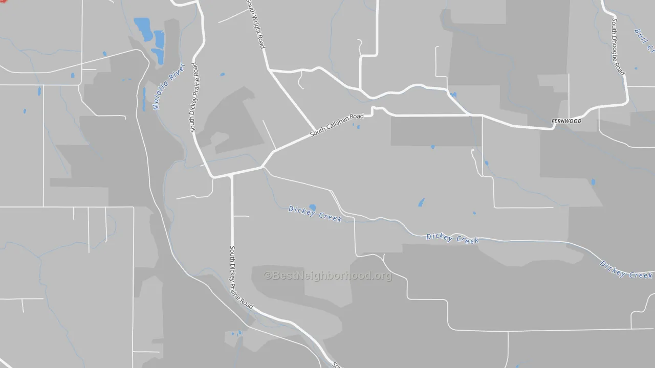 Walk Grade map of Dickey Prairie, OR, walkable areas in green and car-dependent areas in red