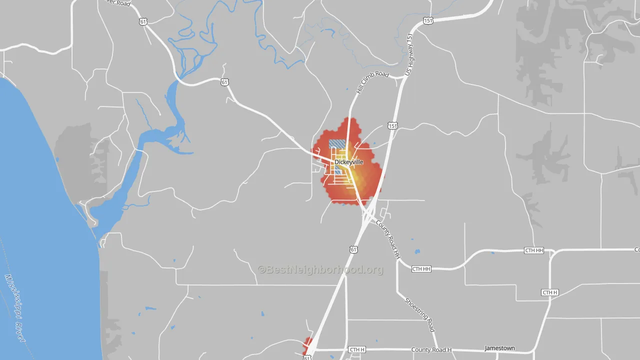 Walk Grade map of Dickeyville, WI, walkable areas in green and car-dependent areas in red
