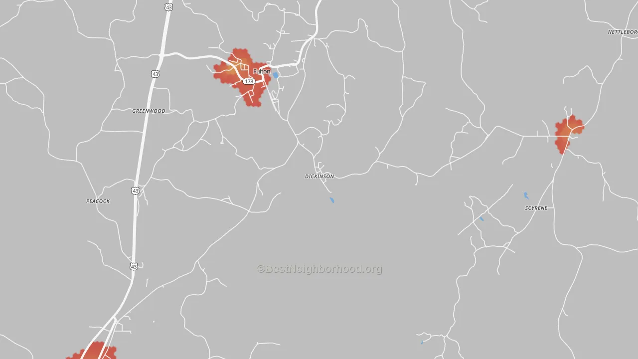 Walk Grade map of Dickinson, AL, walkable areas in green and car-dependent areas in red