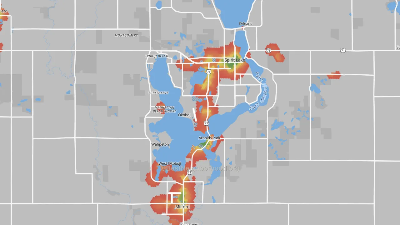 Walk Grade map of Dickinson County, IA, walkable areas in green and car-dependent areas in red