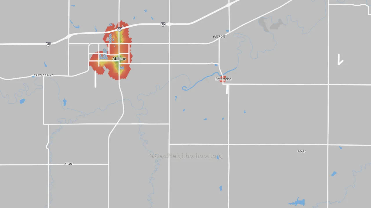 Walk Grade map of Dickinson County, KS, walkable areas in green and car-dependent areas in red