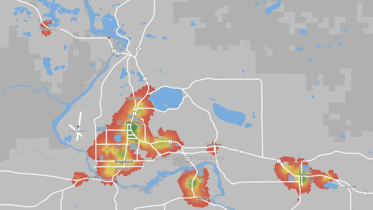 Walk Grade map of Dickinson County, MI, walkable areas in green and car-dependent areas in red