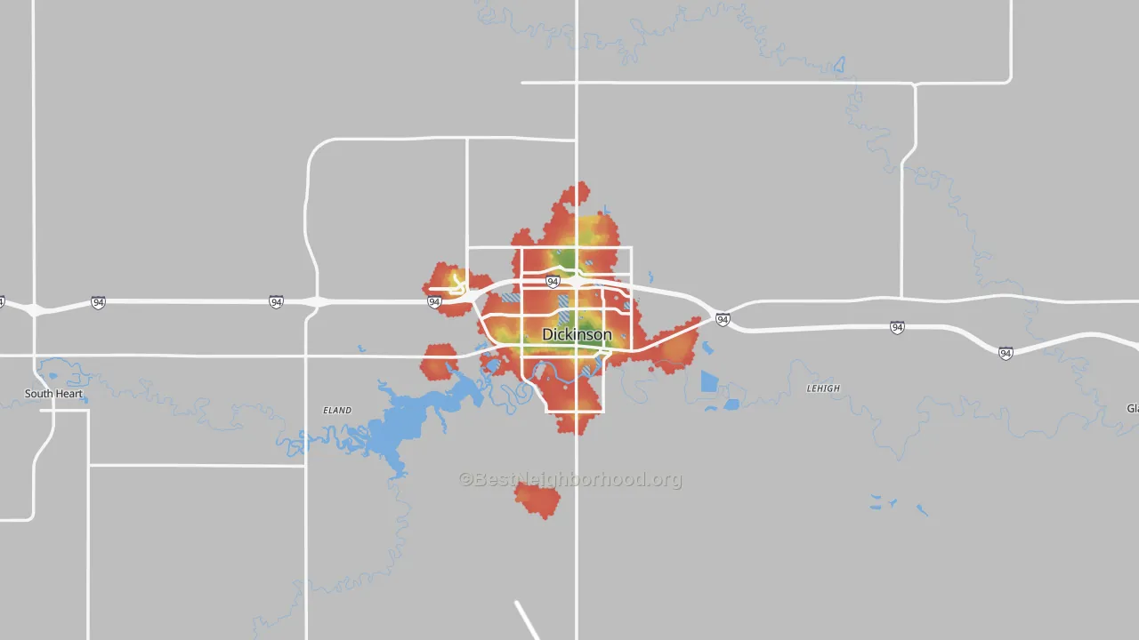 Walk Grade map of Dickinson, ND, walkable areas in green and car-dependent areas in red