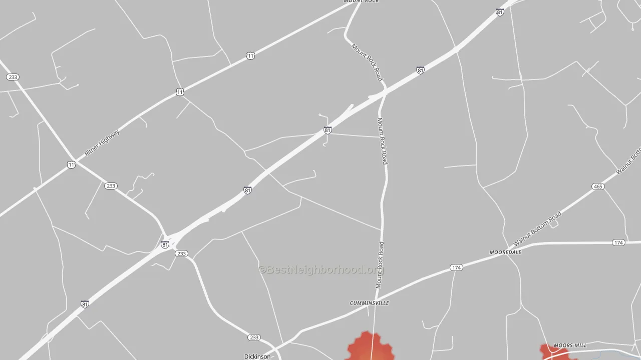 Walk Grade map of Dickinson, PA, walkable areas in green and car-dependent areas in red