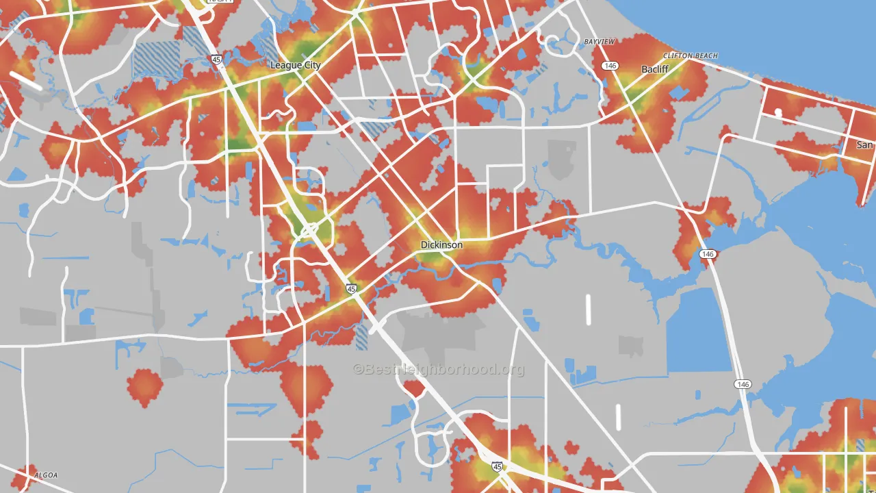 Walk Grade map of Dickinson, TX, walkable areas in green and car-dependent areas in red