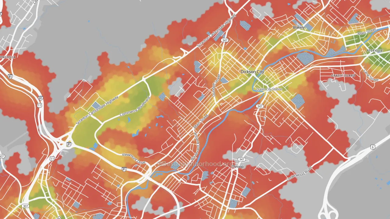 Walk Grade map of Dickson City, PA, walkable areas in green and car-dependent areas in red