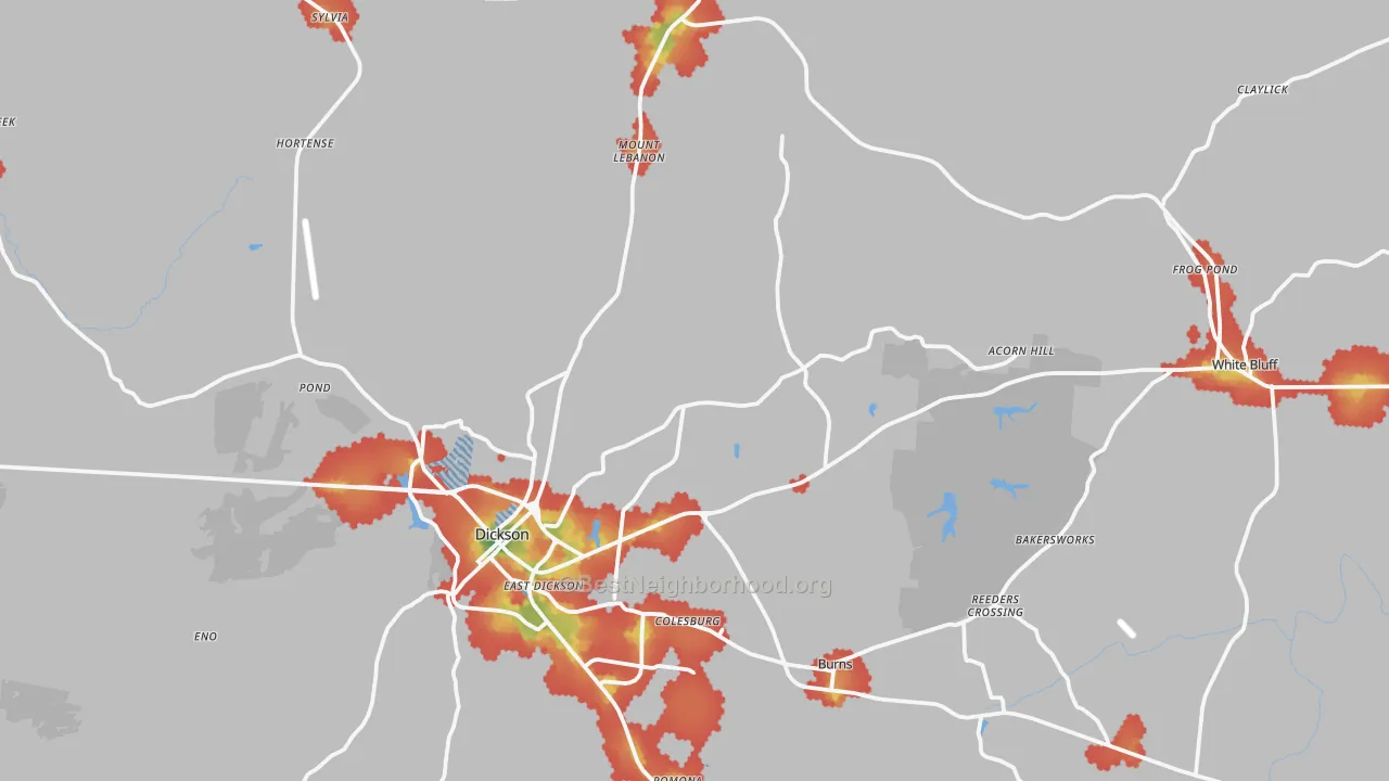 Walk Grade map of Dickson County, TN, walkable areas in green and car-dependent areas in red