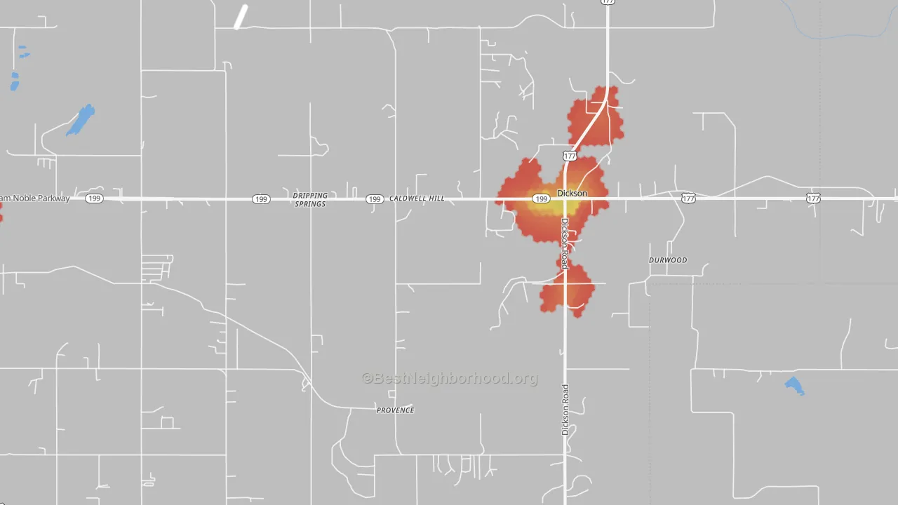 Walk Grade map of Dickson, OK, walkable areas in green and car-dependent areas in red