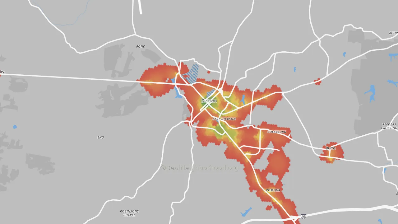 Walk Grade map of Dickson, TN, walkable areas in green and car-dependent areas in red