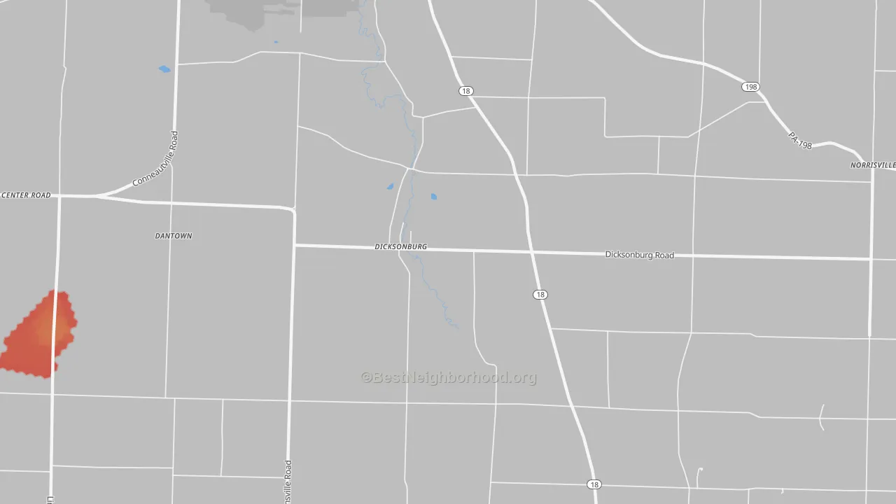 Walk Grade map of Dicksonburg, PA, walkable areas in green and car-dependent areas in red