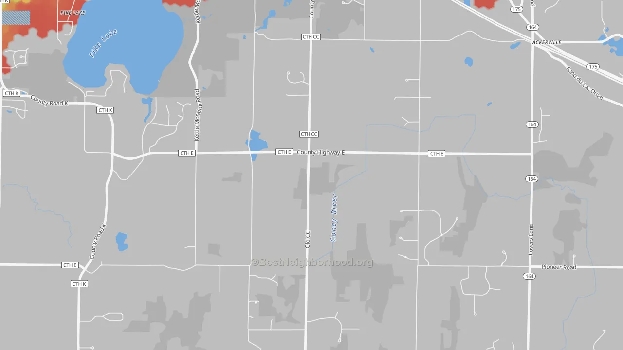 Walk Grade map of Diefenbach Corners, WI, walkable areas in green and car-dependent areas in red
