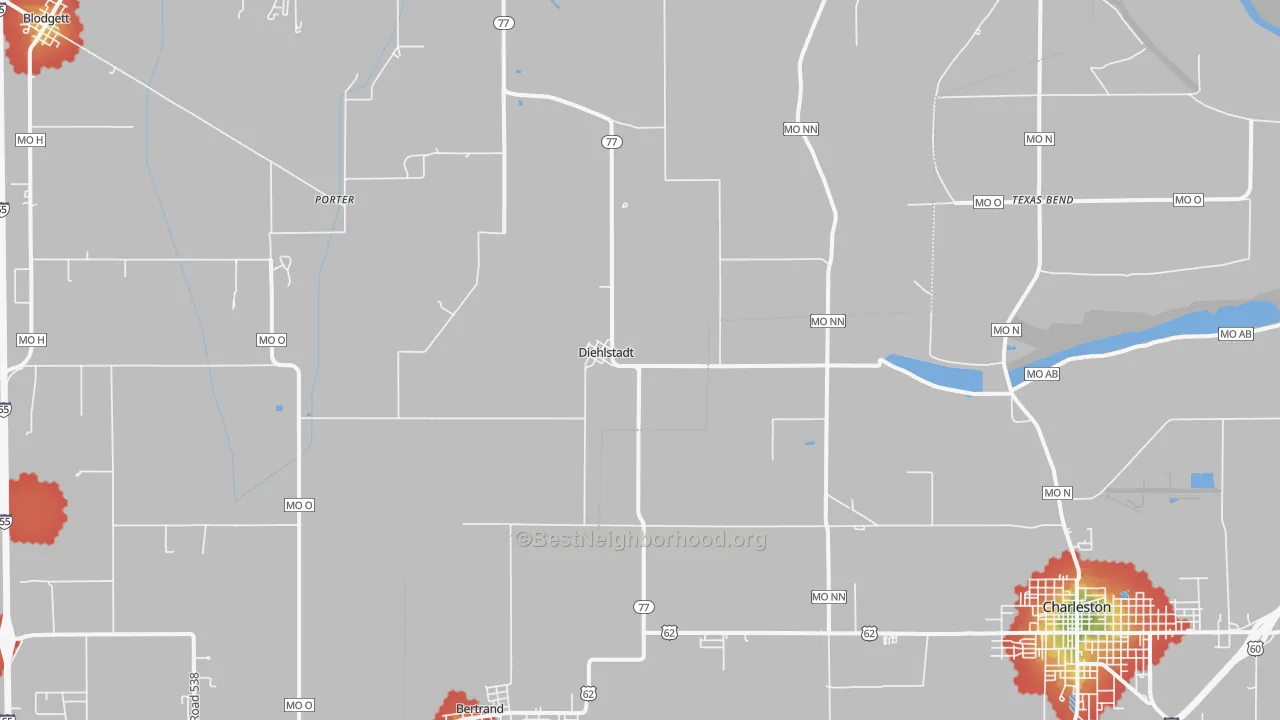 Walk Grade map of Diehlstadt, MO, walkable areas in green and car-dependent areas in red