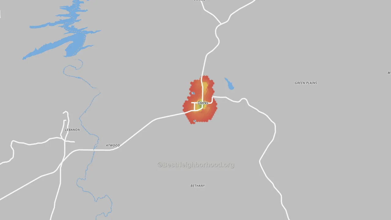 Walk Grade map of Dierks, AR, walkable areas in green and car-dependent areas in red