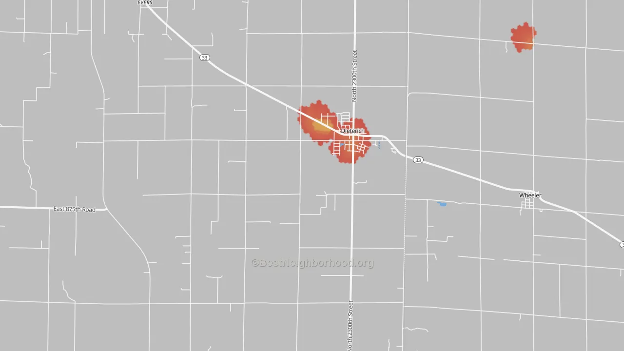 Walk Grade map of Dieterich, IL, walkable areas in green and car-dependent areas in red