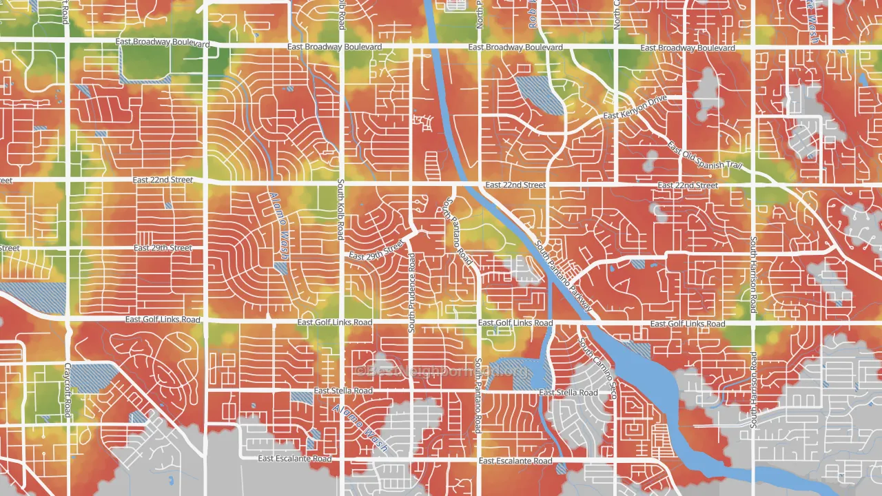 Walk Grade map of Dietz, Tucson, AZ, walkable areas in green and car-dependent areas in red