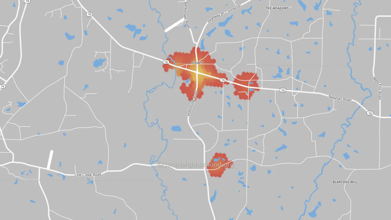 Walk Grade map of Digbey, GA, walkable areas in green and car-dependent areas in red