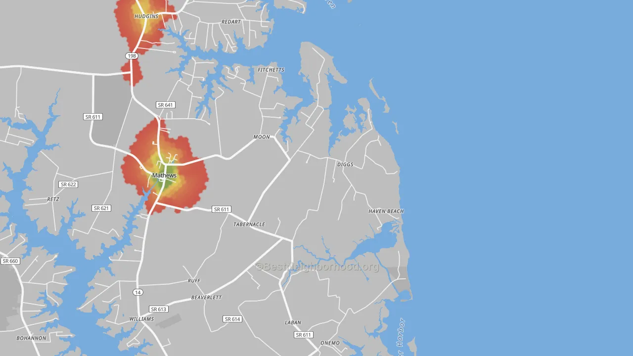 Walk Grade map of Diggs, VA, walkable areas in green and car-dependent areas in red
