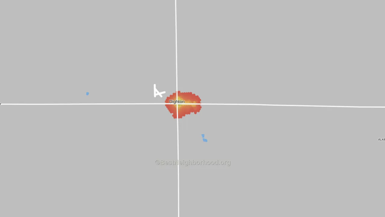 Walk Grade map of Dighton, KS, walkable areas in green and car-dependent areas in red