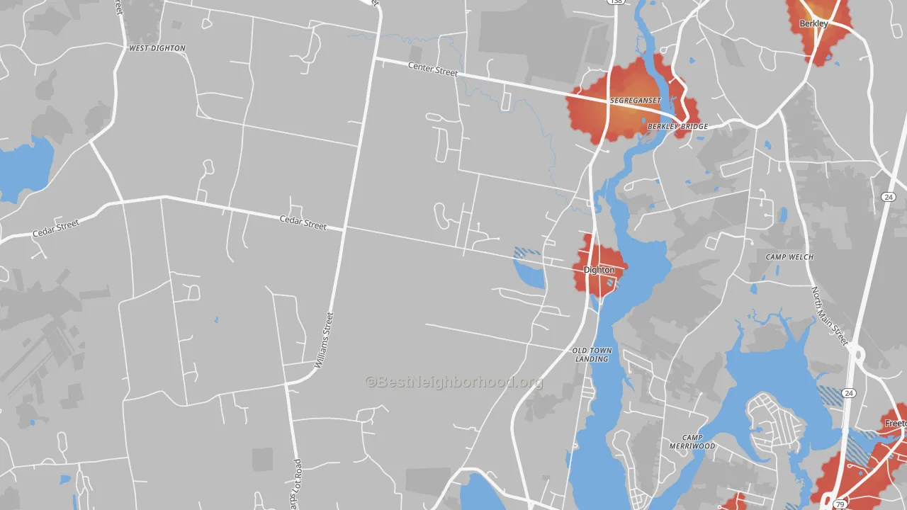 Walk Grade map of Dighton, MA, walkable areas in green and car-dependent areas in red