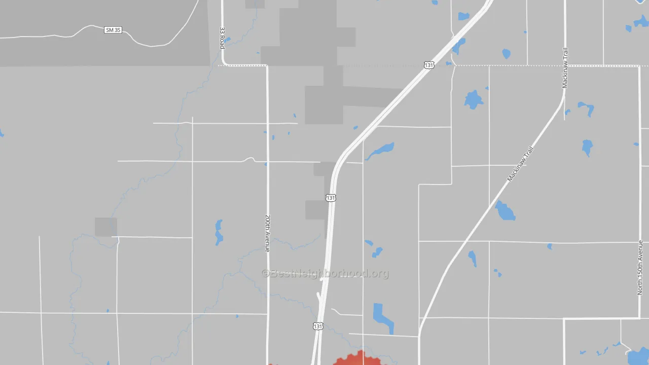 Walk Grade map of Dighton, MI, walkable areas in green and car-dependent areas in red