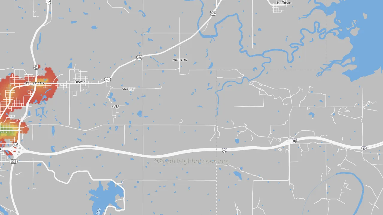Walk Grade map of Dighton, OK, walkable areas in green and car-dependent areas in red