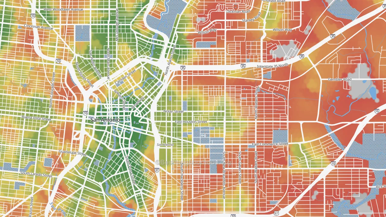 Walk Grade map of Dignowity Hill, San Antonio, TX, walkable areas in green and car-dependent areas in red