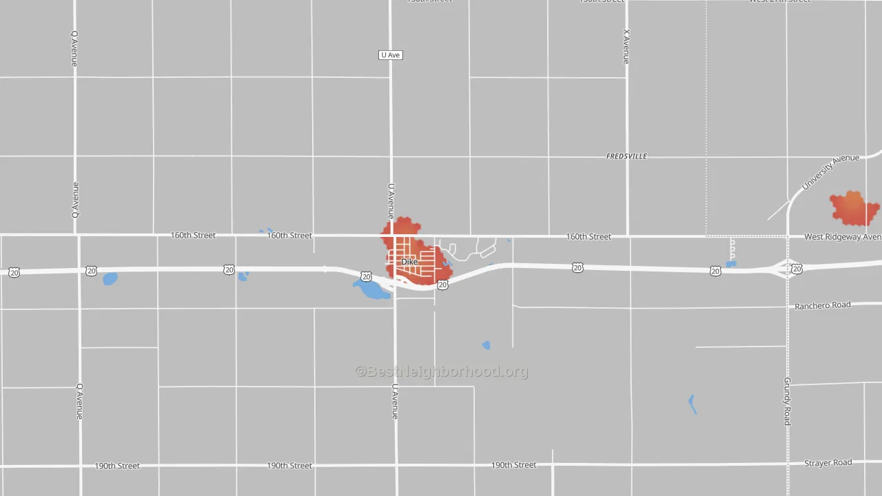 Walk Grade map of Dike, IA, walkable areas in green and car-dependent areas in red